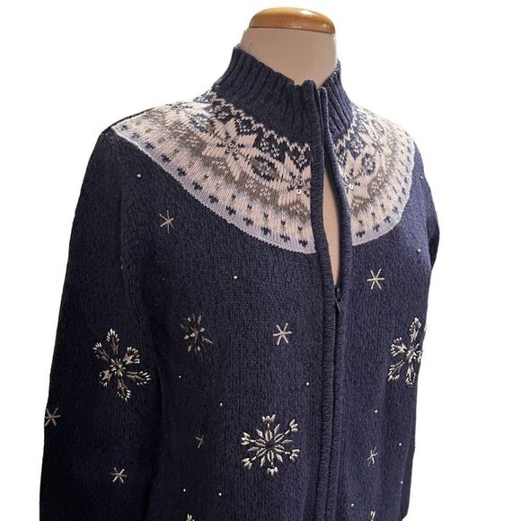 VTG Cardigan Blue&White Snowflakes Beads/Sequins size S - Picture 8 of 11